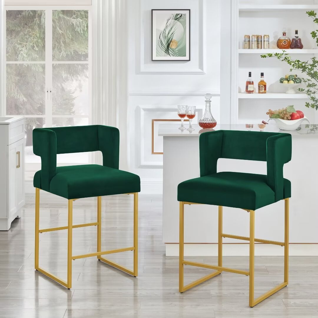 Lecut 26" H Counter Height Bar Stools Set of 2, Modern Velvet Bar Stools with Square Open Backrest and Gold Metal Frame, Kitchen Counter Stools for Island, Home Bar, Pub,Green+Gold