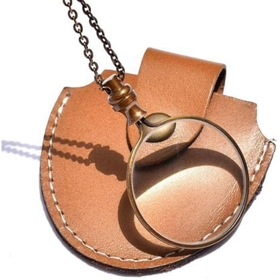 10X Magnifying Glass Pendant Necklace - Antique Brass Chain with 40mm Glass Lens, Portable Pocket Monocle Loupe for Reading, Library & Jewelry Inspection