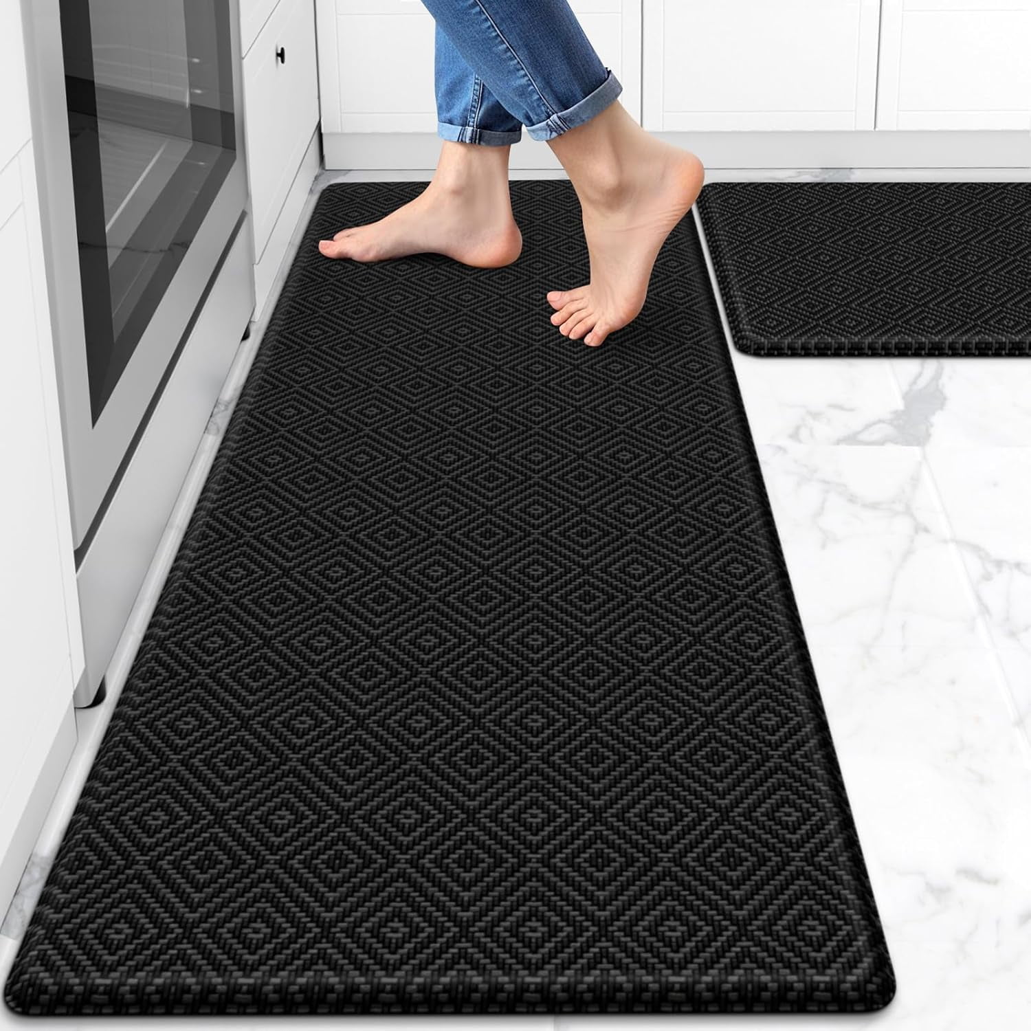 Kitchen mats for Floor, 2PCS Kitchen Rugs Non-Slip Water and Oil Absorbent Runner Rugs for Kitchen, Floor, Office, 17.3"x30"+17.3"x47", Black