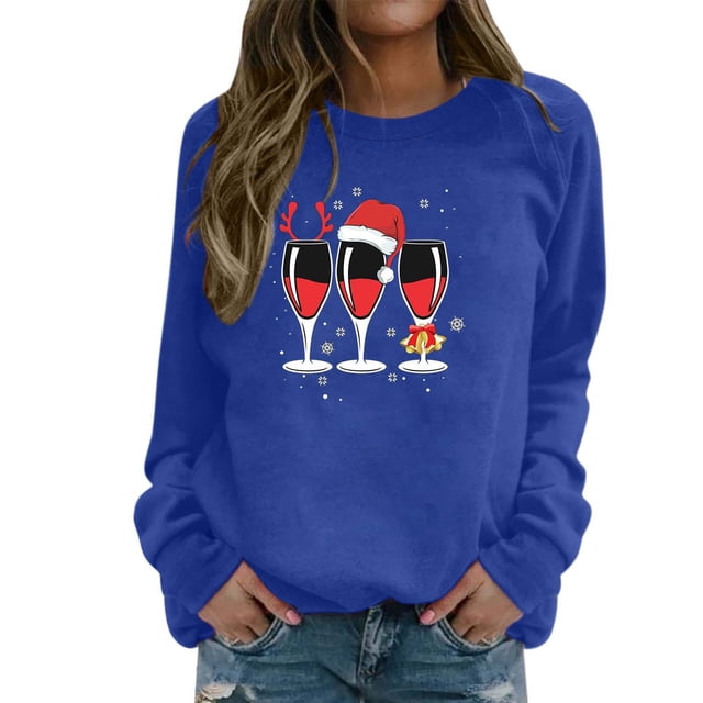 VBARHMQRT Chandail à Capuchon Étoile Femmes Mode Décontractée Col Rond Manche Noël Verre Imprimé Partiel Chandail à Capuchon
