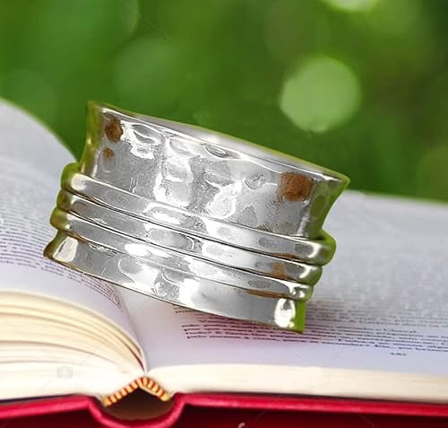 SS DESIGNS Silver Spinner Ring 925 Sterling Silver Three Tone Band with Hammered Finish, Meditation Fidget Spinner Ring for Womenâ€™s Stress Relief