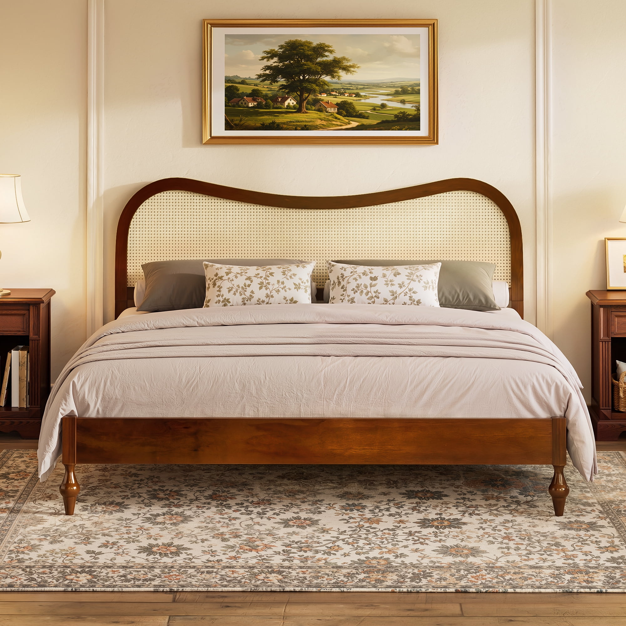 Euroco King Size Mid-Century Wood Platform Bed with Curved Rattan Cane Headboard, Scandinavian Natural Style Bed, No Box Spring Needed, Walnut