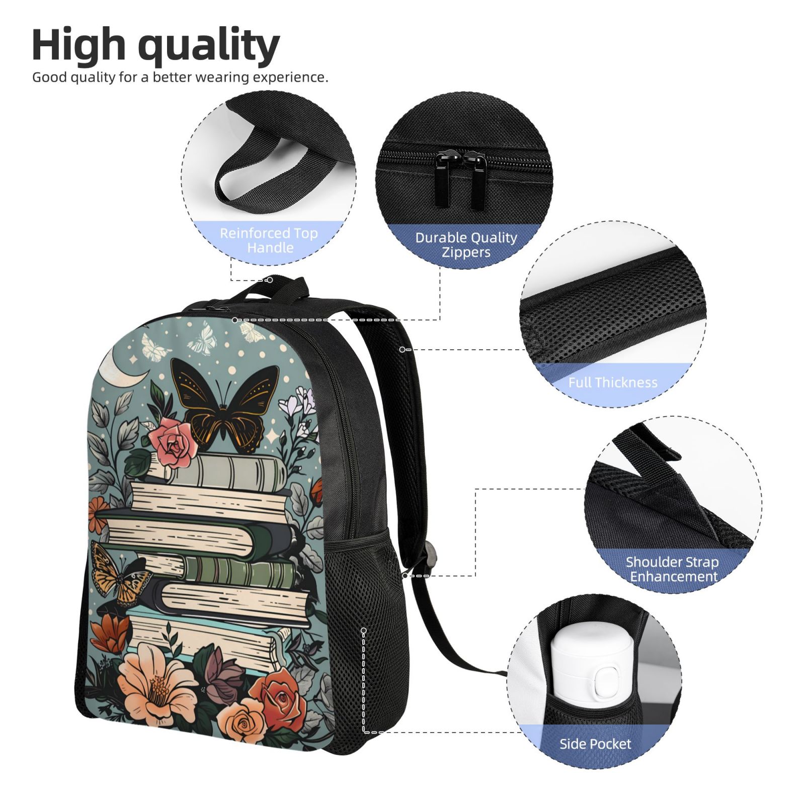 Xecao Vintage Art Butterfly Flower Print School Backpack with Laptop Compartment Small Travel Laptop Backpack for Women Men Waterproof College Backpack Simple School Bag