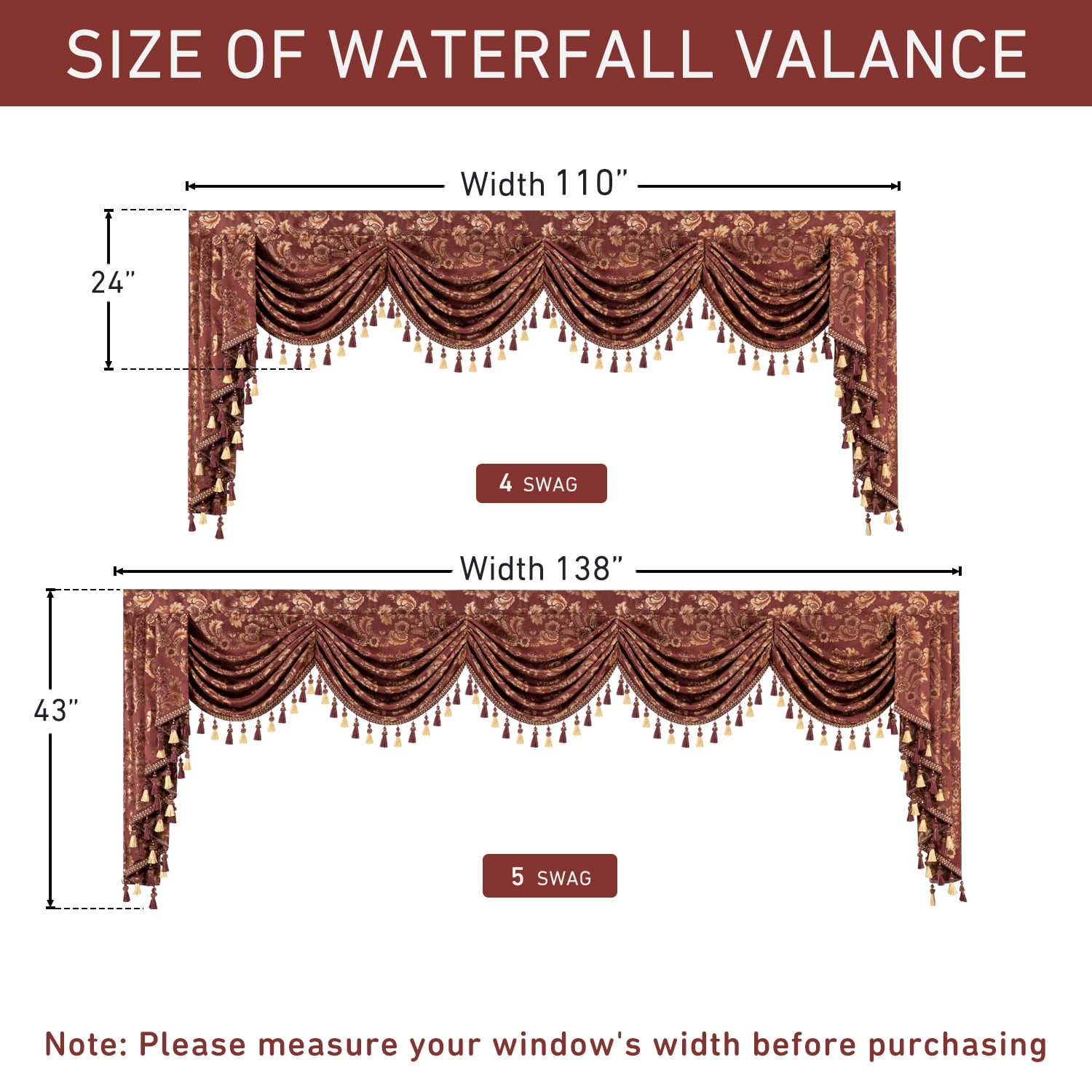 VOGOL Burgundy Damask Valance, Ultra Wide Swag Curtains with Beads 110x43 Inches for Bedroom