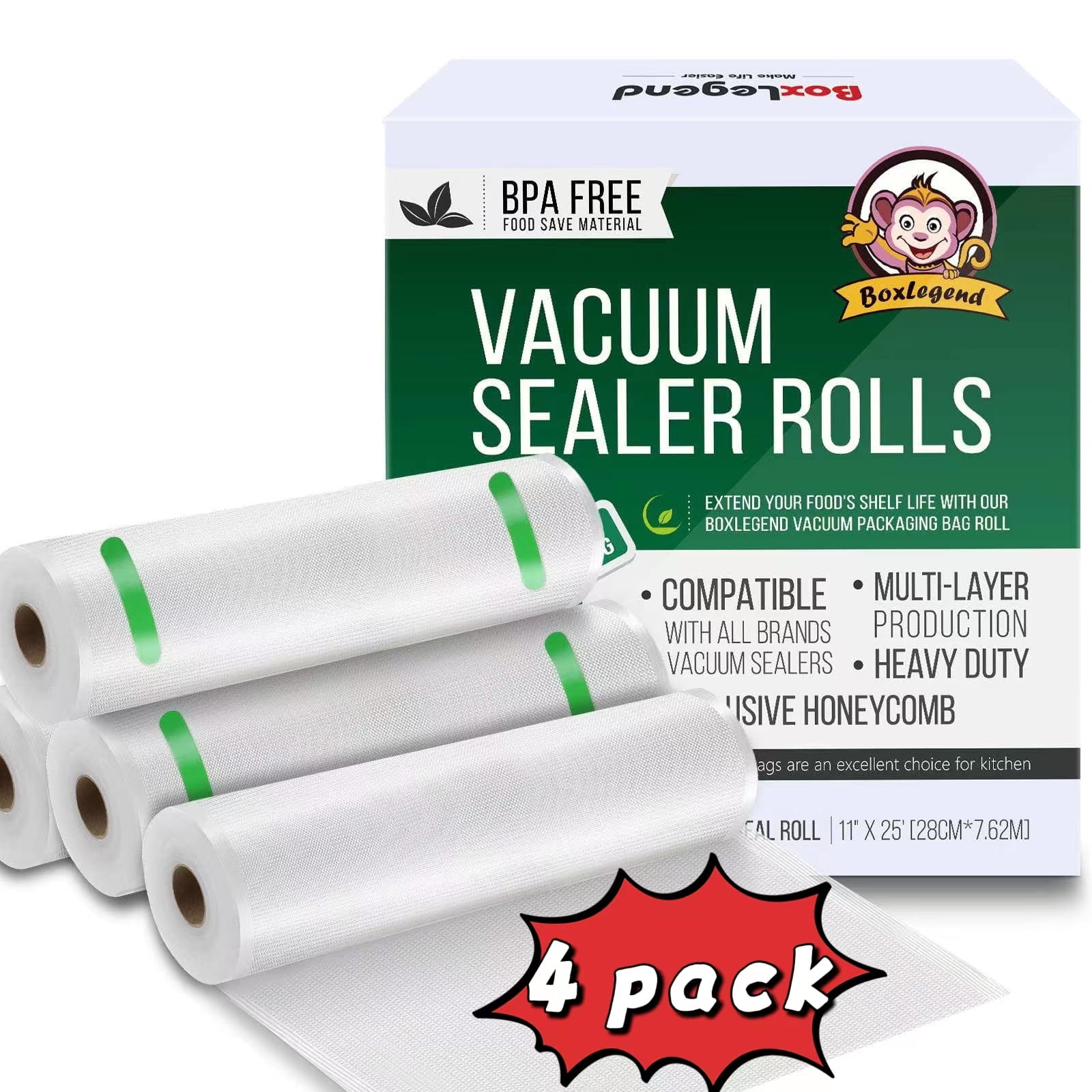 4 Rolls 11" x 25' Vacuum Sealer Bags for Food Saver, Vacuum Seal Bags Rolls