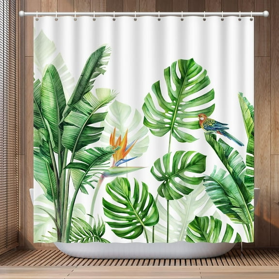 Tropical Plants Shower Curtain, Green Monstera Leaf Shower Curtain with Bird, Polyester Fabric Waterproof Shower Curtain Sets Machine Washable Decor Bath Curtain