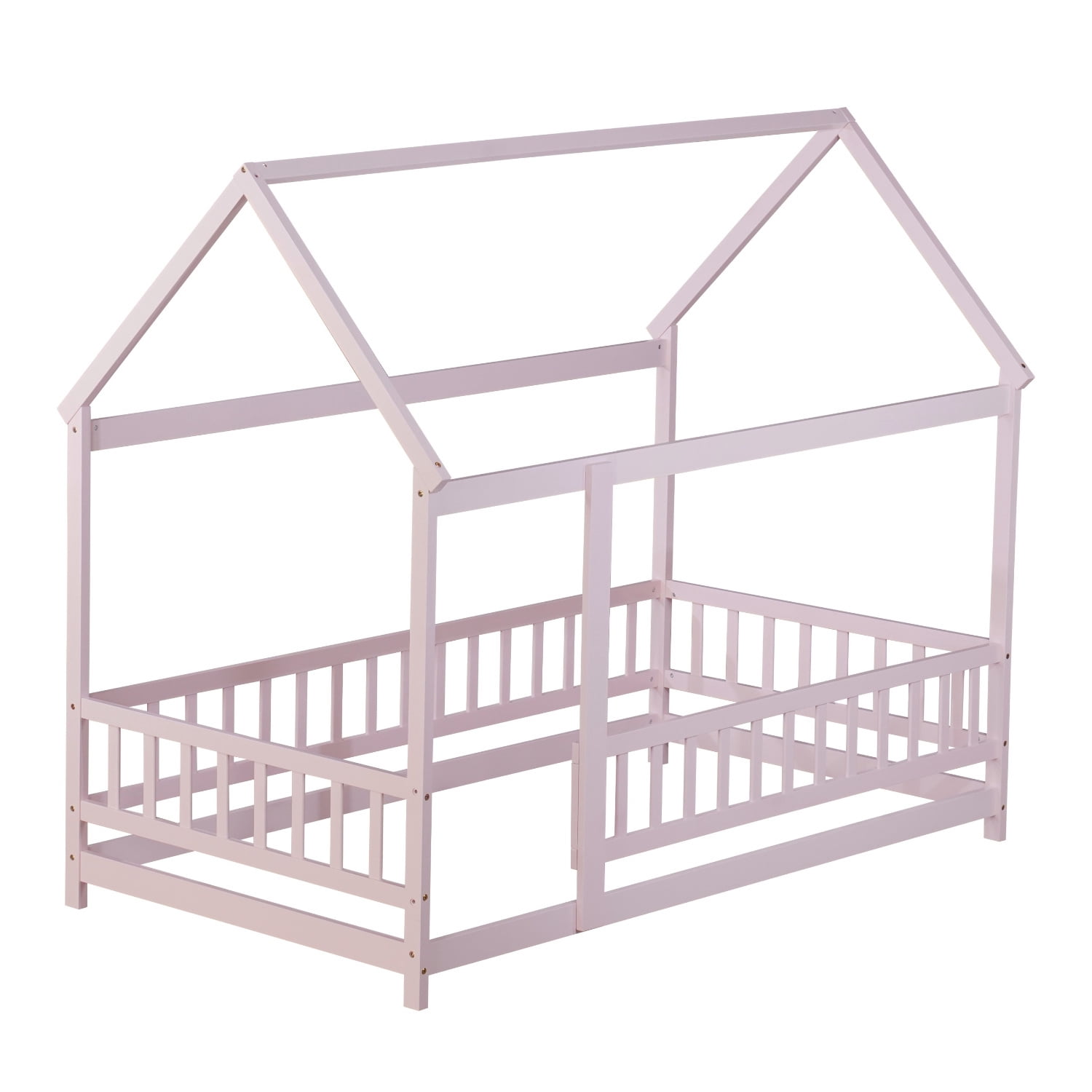 Alvantor Twin Size Floor House Bed for Toddler, Solid Wood Bed Frame with Guardrails Pink