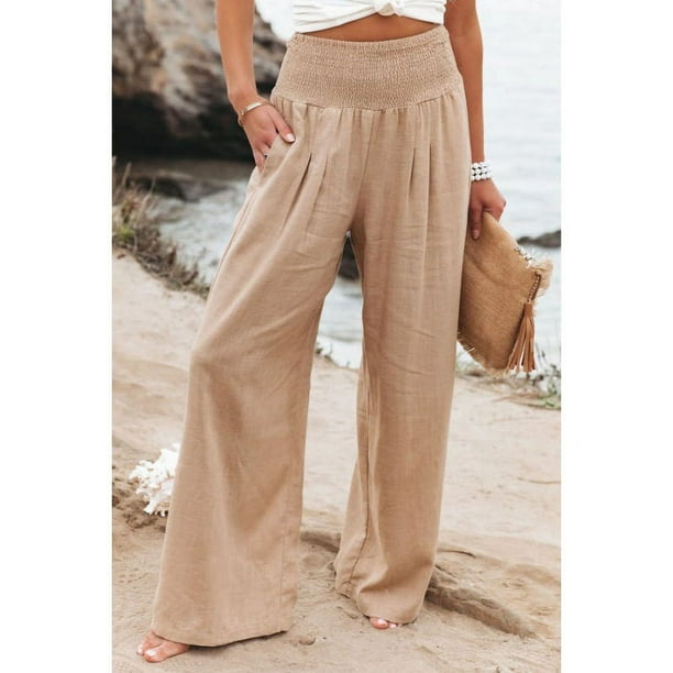 Pantalones anchos de mujer de talla grande de algodón y lino para primavera y verano, pantalones largos casuales con cintura elástica, versátiles