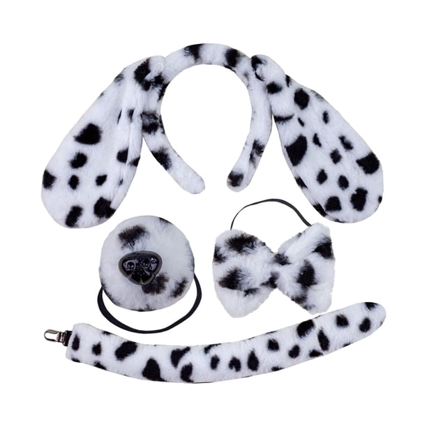 Conjunto de diadema con orejas de perro y cola larga, con lazo y nariz, pinza para el pelo con orejas de felpa Manchado