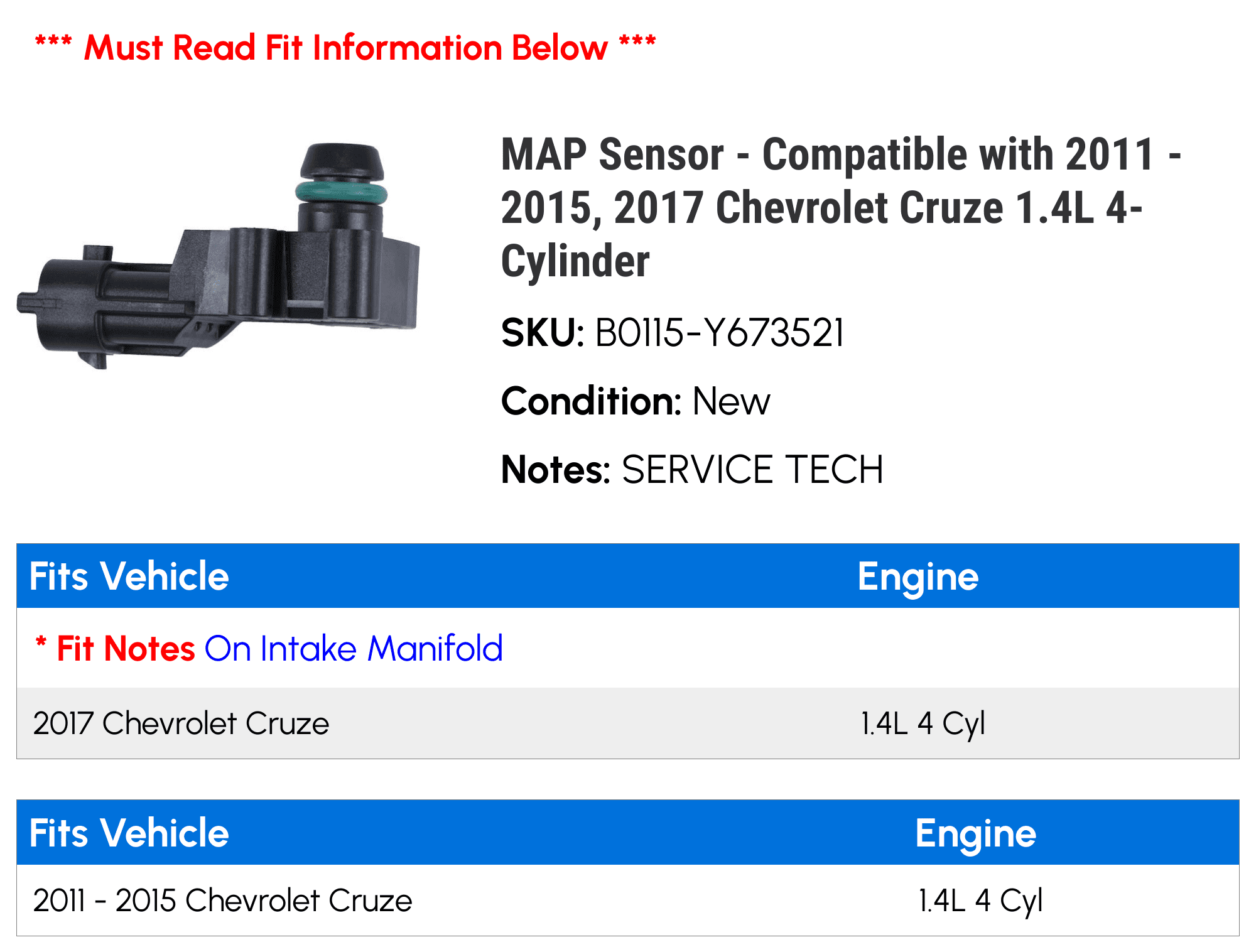 MAP Sensor - Compatible with 2011 - 2015, 2017 Chevy Cruze 1.4L 4-Cylinder 2012 2013 2014