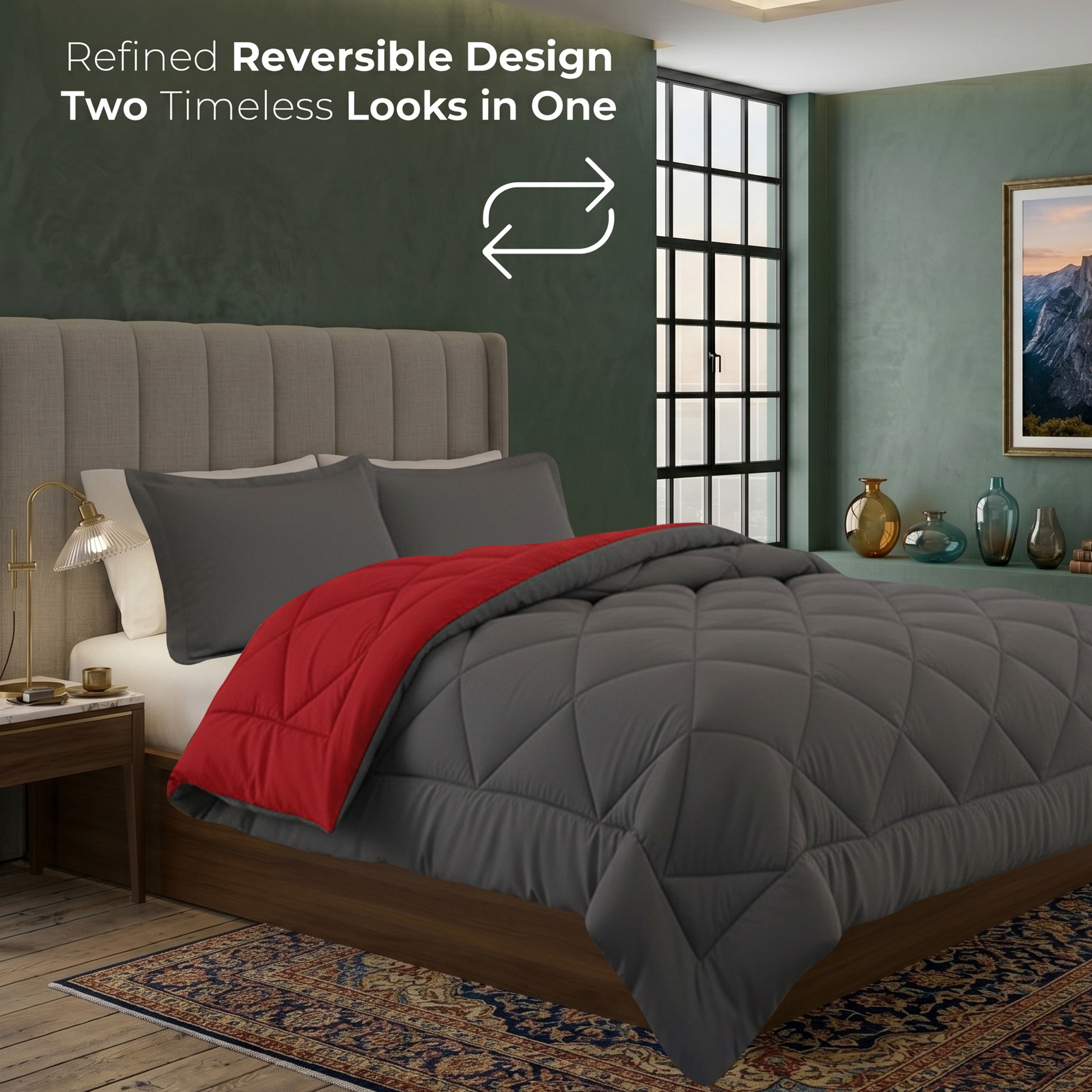Elegant Comfort Reversible Down Alternative Comforter Set, Soft Microfiber All-Season Bedding, Lightweight Wrinkle & Fade Resistant Comforter, Full/Queen, Red/Gray