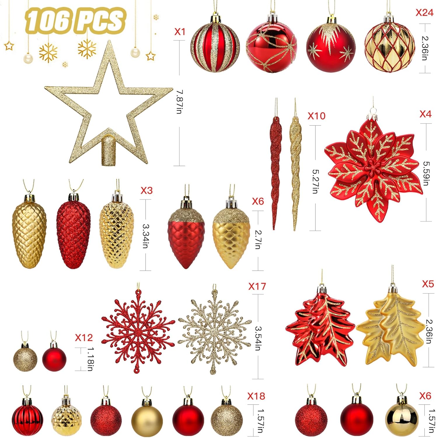 Alupssuc 106ct Christmas Balls Ornaments Set, Colorful Shatterproof Plastic Decorative Baubles for Xmas Tree Decor, Red & Gold