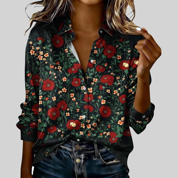Uootdi Blouses for Women Dressy Casual Long Sleeve Collared Tie Dye Print Button Front Relaxed Fit Creative Office Outfit Gift