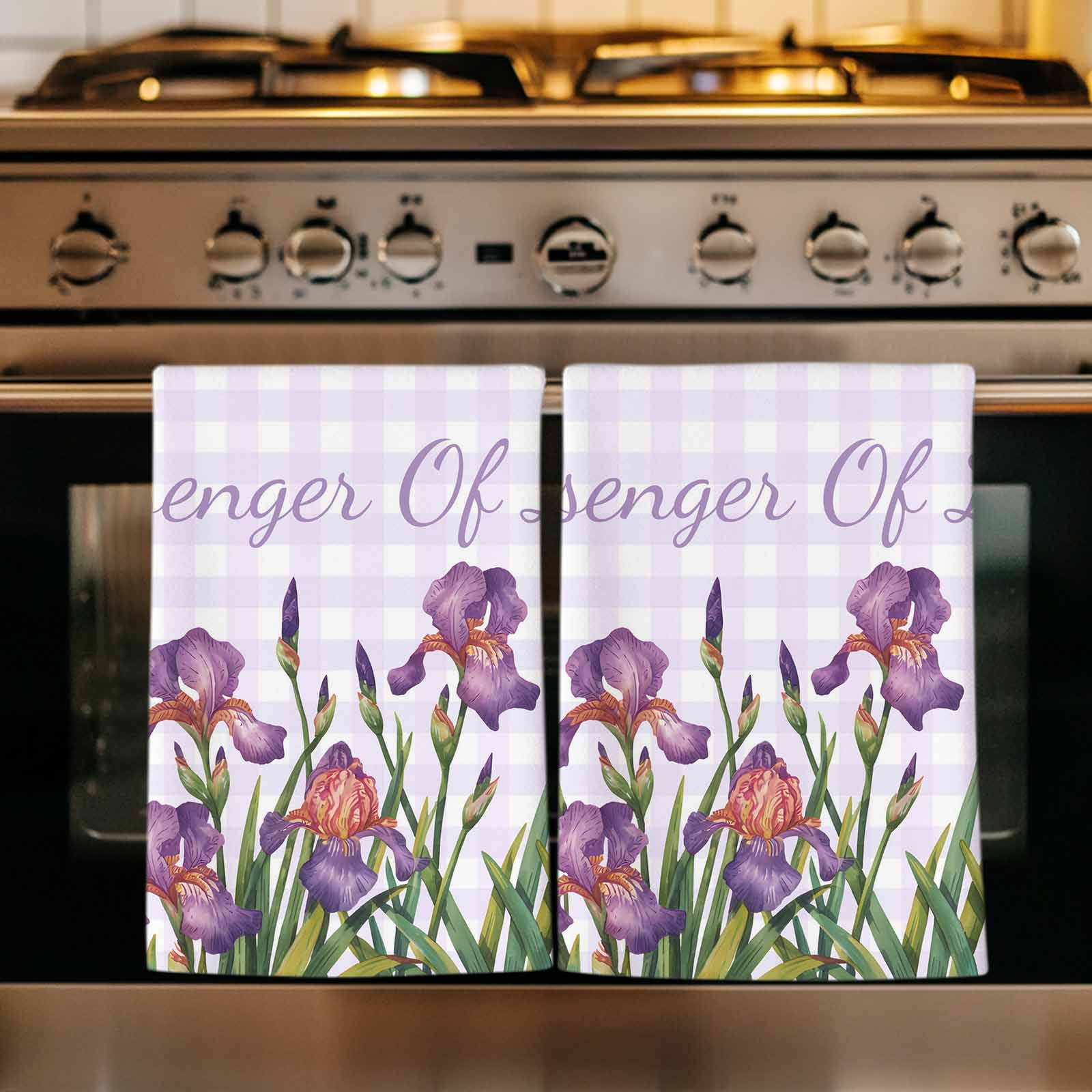 Dish Towels, Iris Flowers Absorbent Kitchen Towels 2 PCS, Floral Purple Buffalo Plaid Microfiber Hand Towels Dish Cloths Tea Towels for Home&nbsp;Bathroom Cleaning Drying,18X28-Inch,