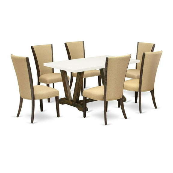 East West Furniture V-Style 7-piece Wood Dining Set in White/Jacobean Brown