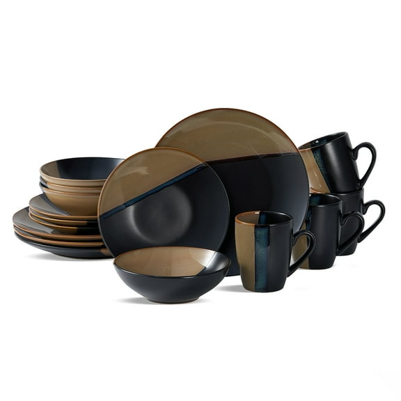 Bestone 16 Pieces Dipping Glaze with speckle Stoneware Porcelain, Chip Resistant, Dinnerware Sets, Plates, Dishes, Bowls, Service for 4, Brown and Black