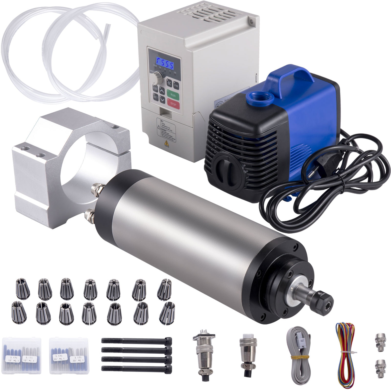 【ES】1.5KW Water Cooled Spindle Motor ER11 220V+VFD+80mm Clamp+Pump+Pipe+Collet 
