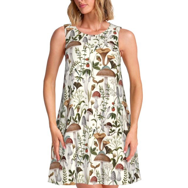 Balery Mushroom Garnish Vestidos de verano para mujer con estampado: vestido holgado sin mangas, vestido playero informal y cómodo para días calurosos.