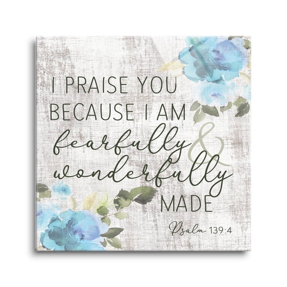 Fearfully Wonderfully Made Grey Floral 12 x 12 Glass Wall Hanging Sign