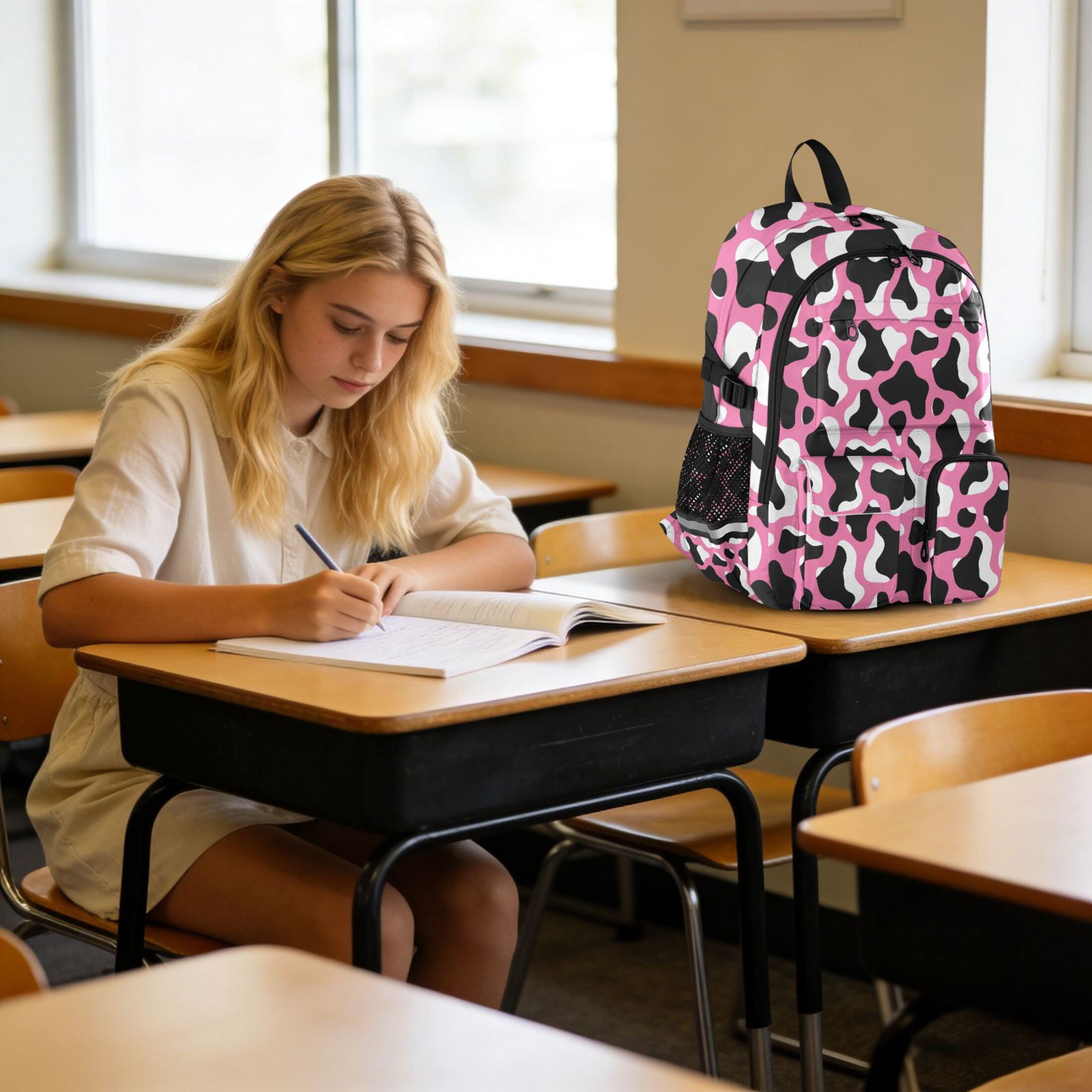 DIXRUYEE Pink Background Cow Print Pattern Backpack for School 14”Laptop Compatible with Reflective Safety Strips