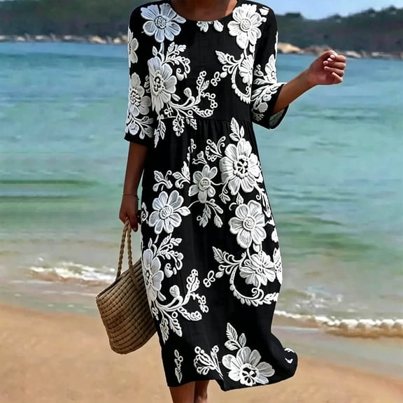 HBYJLZYG Women's 3/4 Sleeve Round Neck Midi Dress with Floral Applique and Gathered Waist, Summer Vacation Beach Casual Long Dress for Travel and Daily Wear