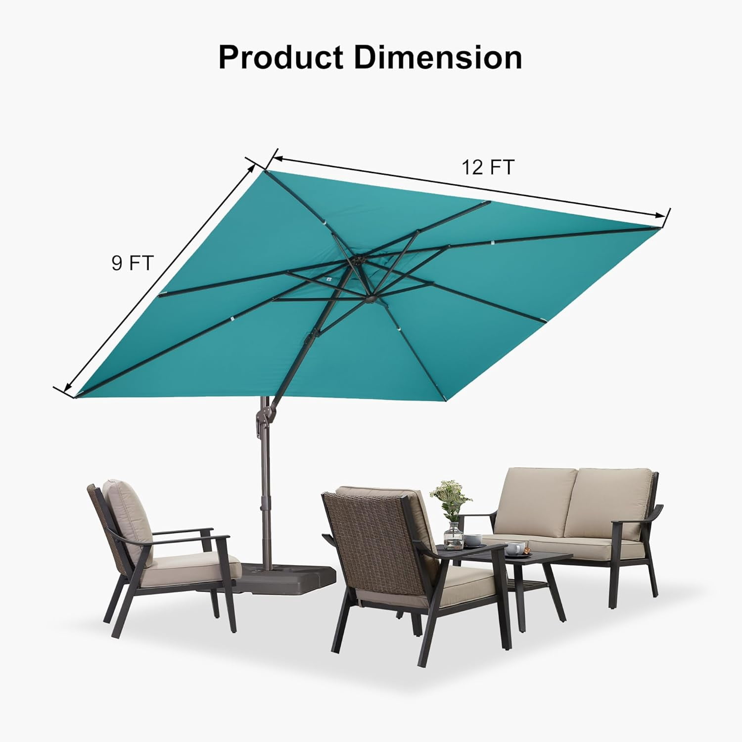 PURPLE LEAF OUTDOOR 9' X 11.5' Rectangle Cantilever Umbrella Patio Umbrella Outdoor Aluminum Offset Antique Bronze Hanging Umbrella for Pool Garden Backyard Deck, Turquoise Blue