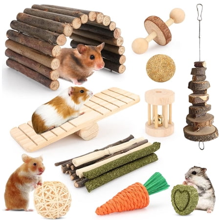 WLGJL 12 Different Hamster Cage Accessories, Chew Toys for Guinea Pig, Chinchillas, Gerbils, Mice, Rats, Mouse, Rabbit, Bunny Hideout Seesaw, Natural Molar Tools