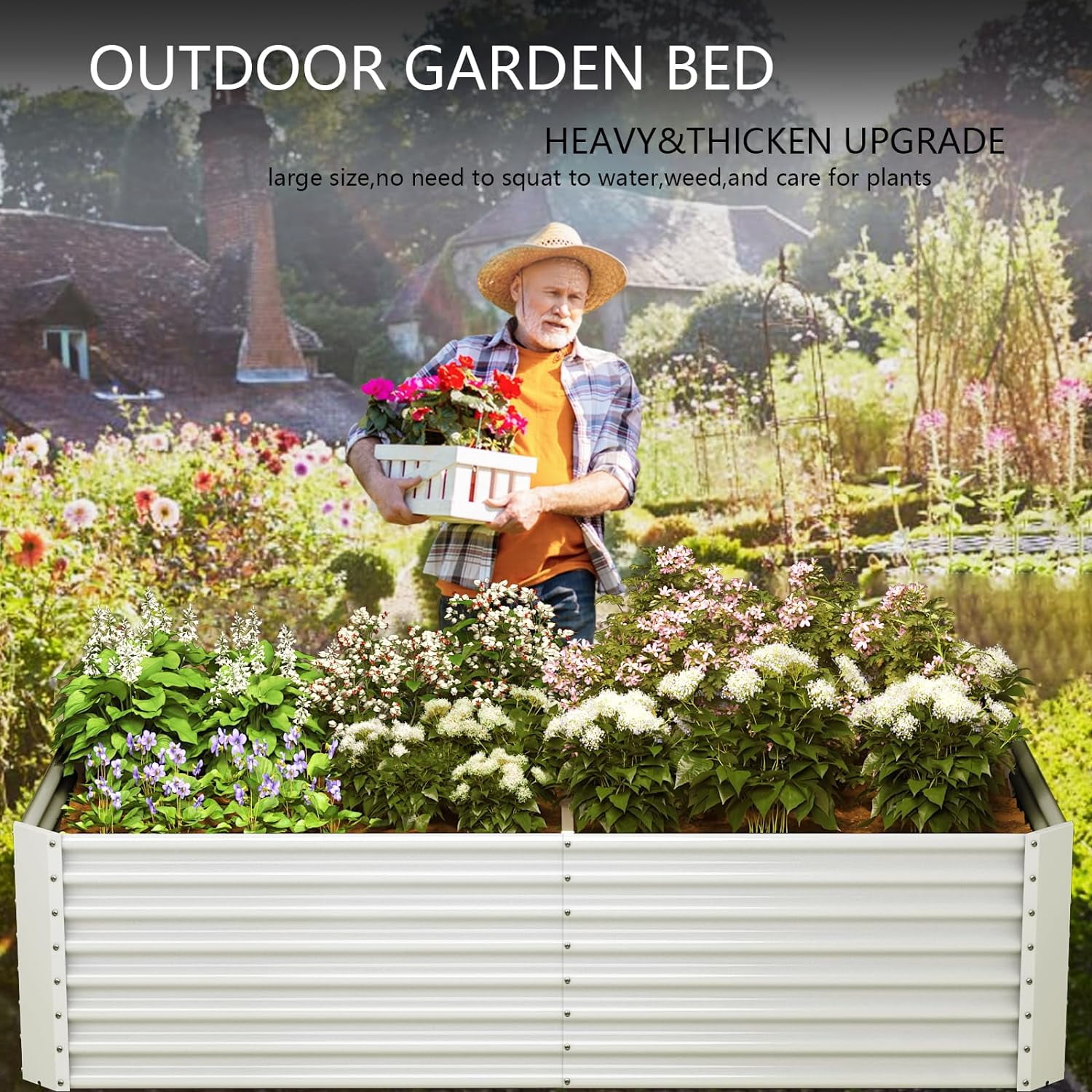 8x4x2ft Galvanized Metal Raised Garden Bed for Vegetables, Outdoor Garden Raised Planter Box, Backyard Patio Planter Raised Beds for Flowers, Herbs, Fruits (White)