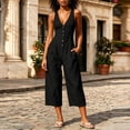 thumbnail image 4 of IUYRTFE Women Cotton Linen V Neck Button Down Jumpsuit Sleeveless Wide Leg Romper with Pockets, 4 of 7