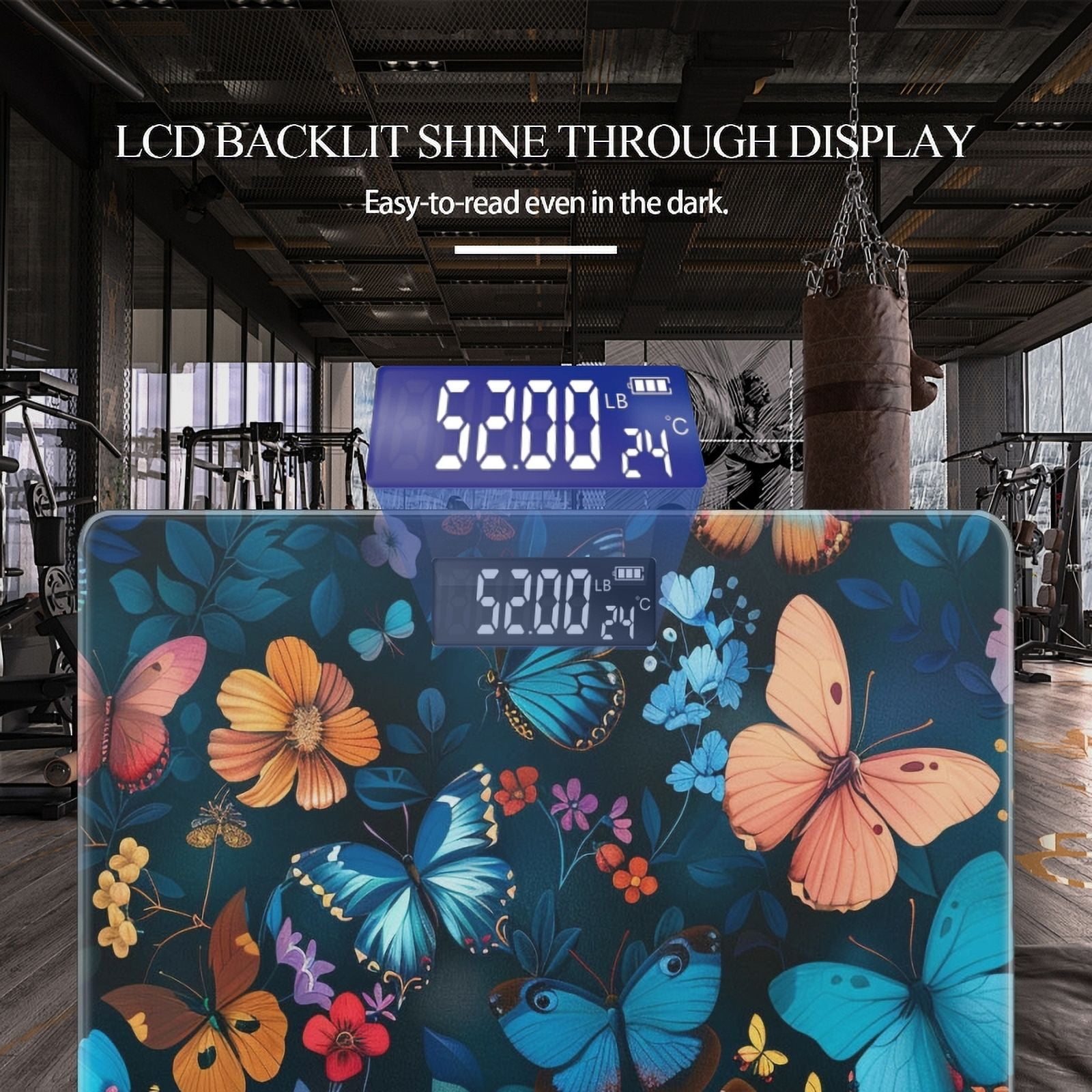 Digital Bathroom Scale with Large LCD Display,High Capacity Scale 400 lbs High Precision body fat scale-Colorful Butterflies And Flowers On Dark Blue Background
