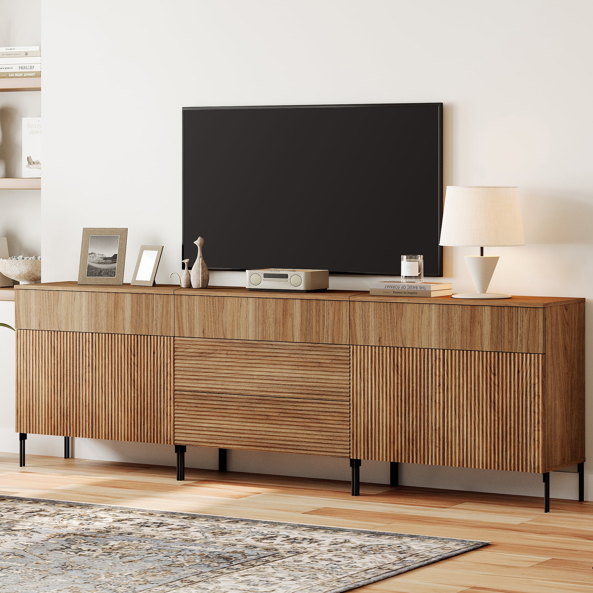 94.5" Modern Reeded Dresser TV Stand for TVs up to 100 Inch, Entertainment Center with Drawers, Wooden TV Console with Storage for Living Room