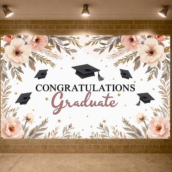 Floral Design Graduation Banner Gold Stars Congratulations Display Black Grad Caps Pink & Gold Theme Grad Party Backdrop for Graduation Party College Graduation Graduation Photoshoot