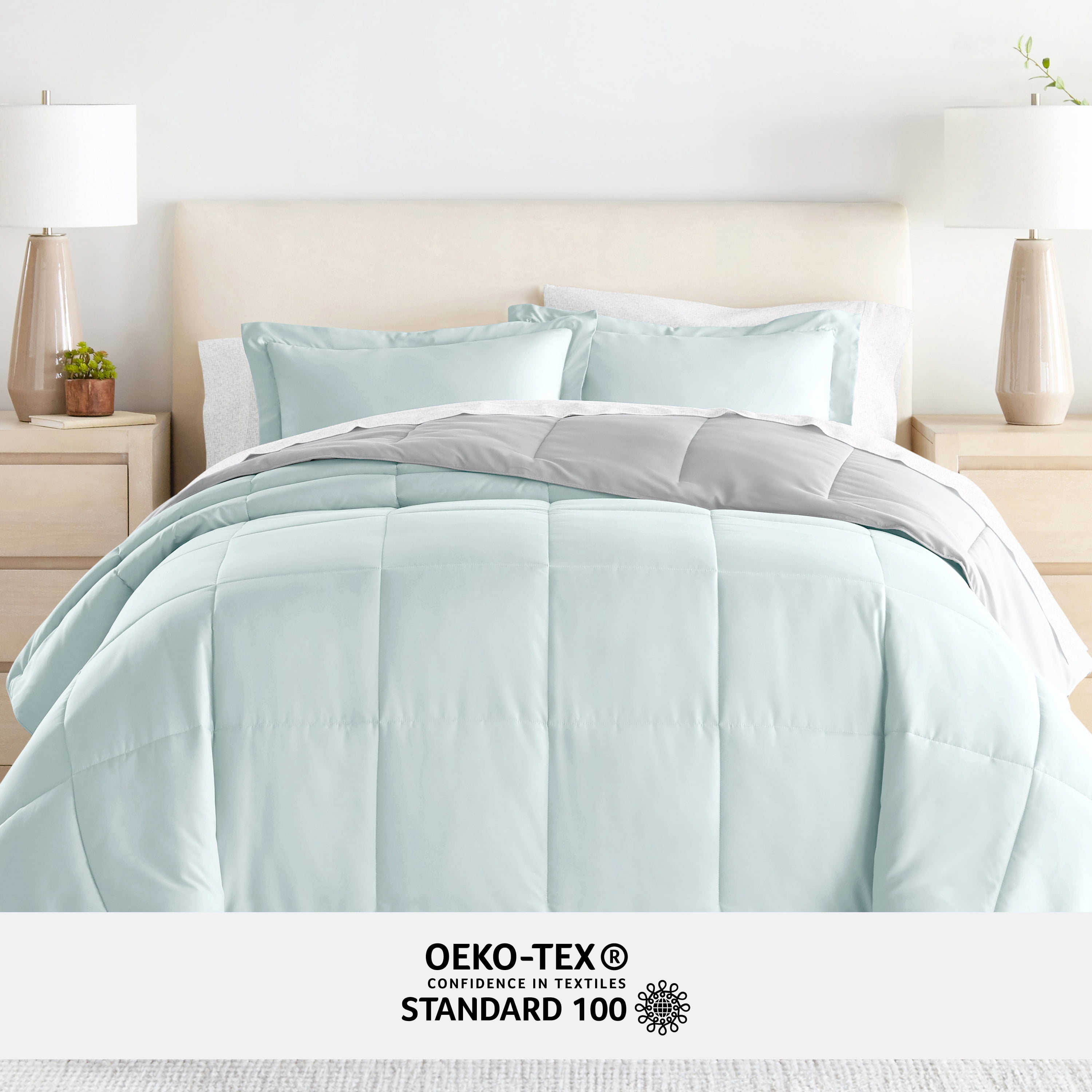 Noble Linens 7 Piece Bedding Bundle, Reversible Comforter and Patterned Sheet Set, King