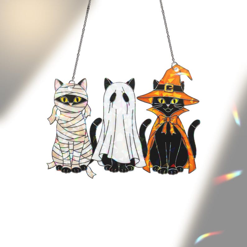 ViciArt Halloween Cat Trio Suncatcher – 9" Holographic Acrylic Window Hanging, Black Cat Decor Set