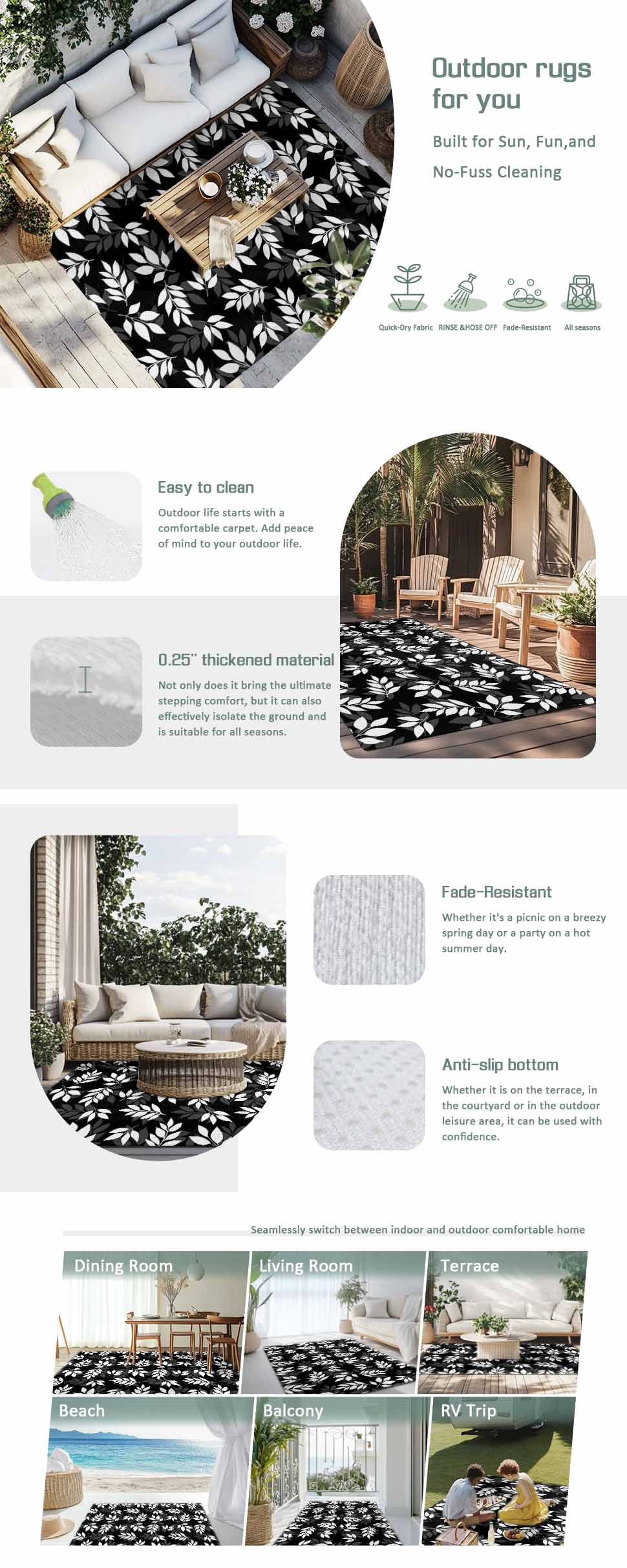 White Leaves Outdoor Rug 5x8 Ft - Reversible Patio Rug Outdoor Camping Rugs, Black Vintage Spring Botanical Leaf Plants Indoor Outdoor Area Rugs, Non-Slip Outdoor Carpet Runner for Deck/Porch