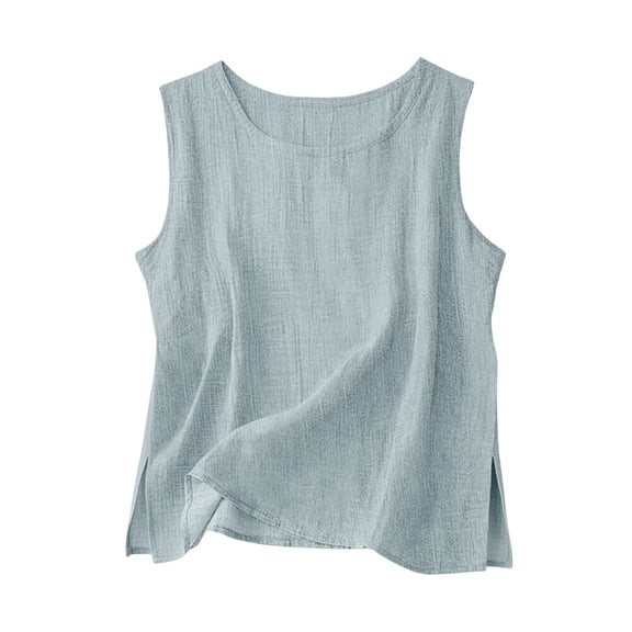 Htigea Linen Tank Tops for Women Summer Sleeveless Crewneck Shirts Casual Loose Fit Beach Travel Tees Light Blue S