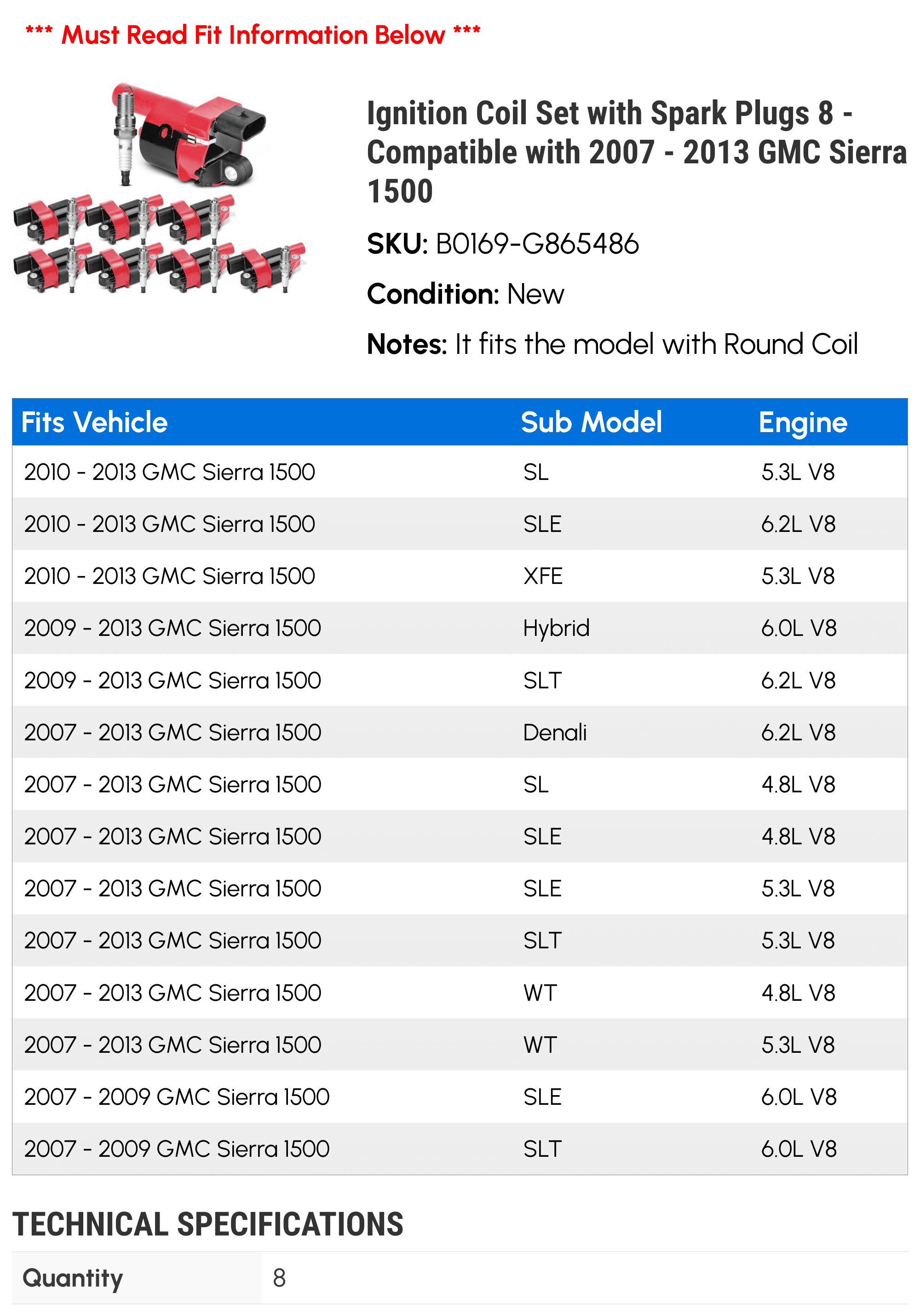 Ignition Coil Set with Spark Plugs 8 - Compatible with 2007 - 2013 GMC Sierra 1500 - Autopart Premium