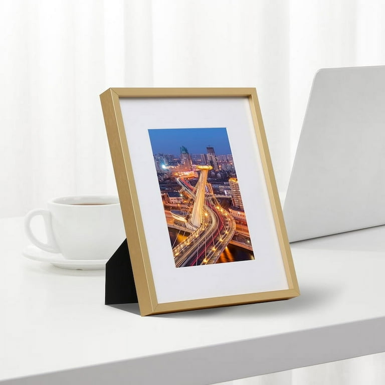 8x10 Picture Frame With Optional Mat, Gold and Dark Umber Solid Wood Frame  With Choice of Fabric Mat for 5x7 4x6 or Custom Photos and Prints 
