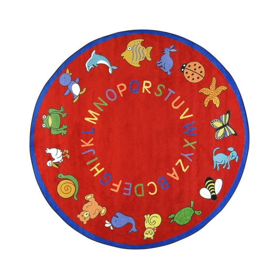 Joy Carpets 1449E-02 ABC Animals Red 7 ft.7 in. Round WearOn Nylon Machine Tufted- Cut Pile Educational Rug