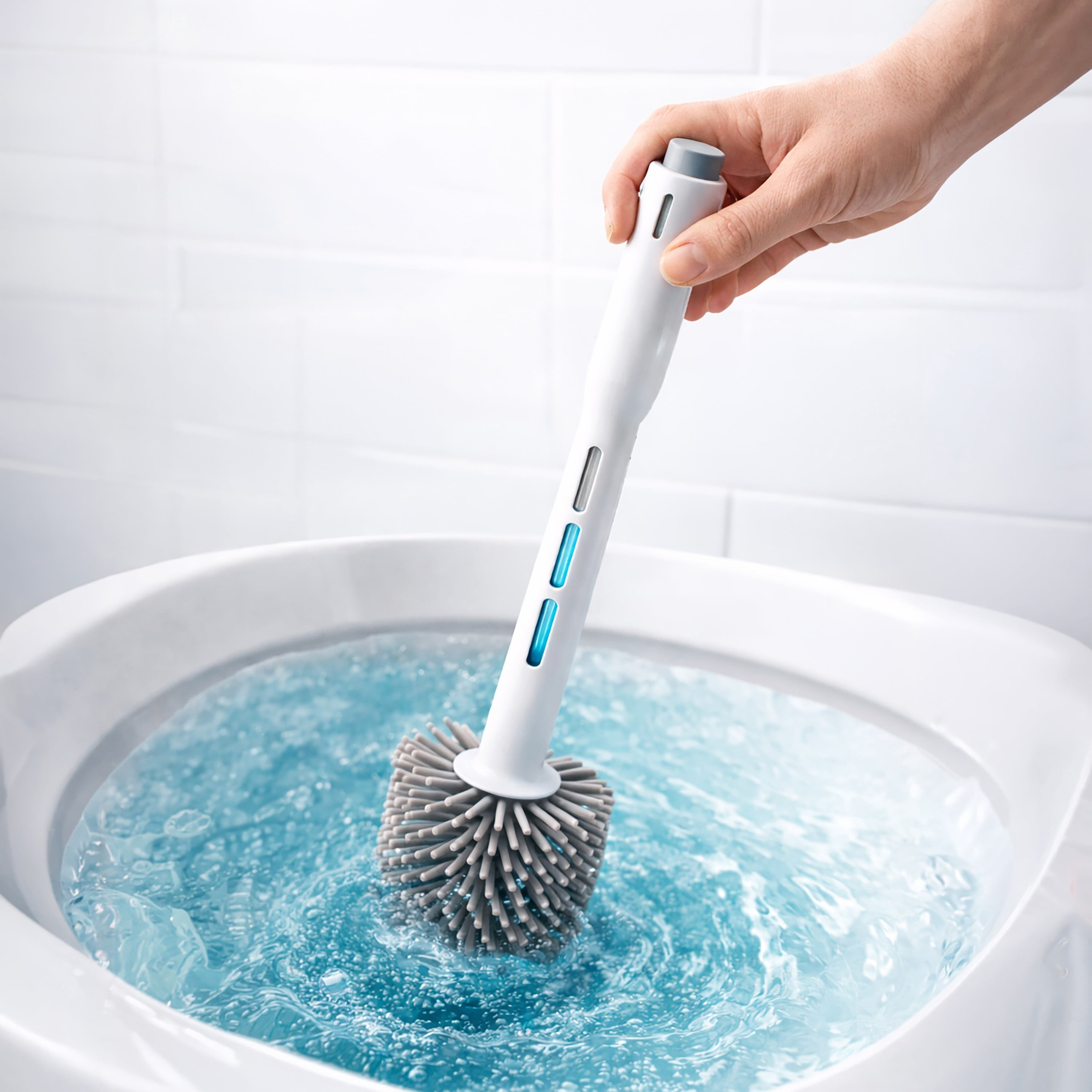 Bath Bliss 2-in-1 Toilet Bowl Brush with Refillable Liquid Dispenser Handle White Color | Bathroom Cleaning Supplies | Compact Toilet Brush Storage