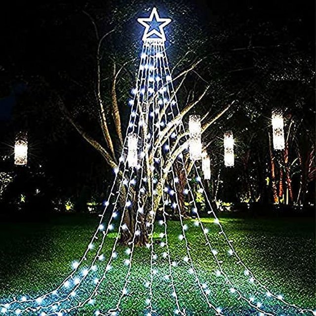Cadena de luces de estrella para exteriores de 16,4 pies, 198 LED para adorno de árbol de Navidad, estrella iluminada de 14 pulgadas para días festivos, Navidad, Año Nuevo y cumpleaños