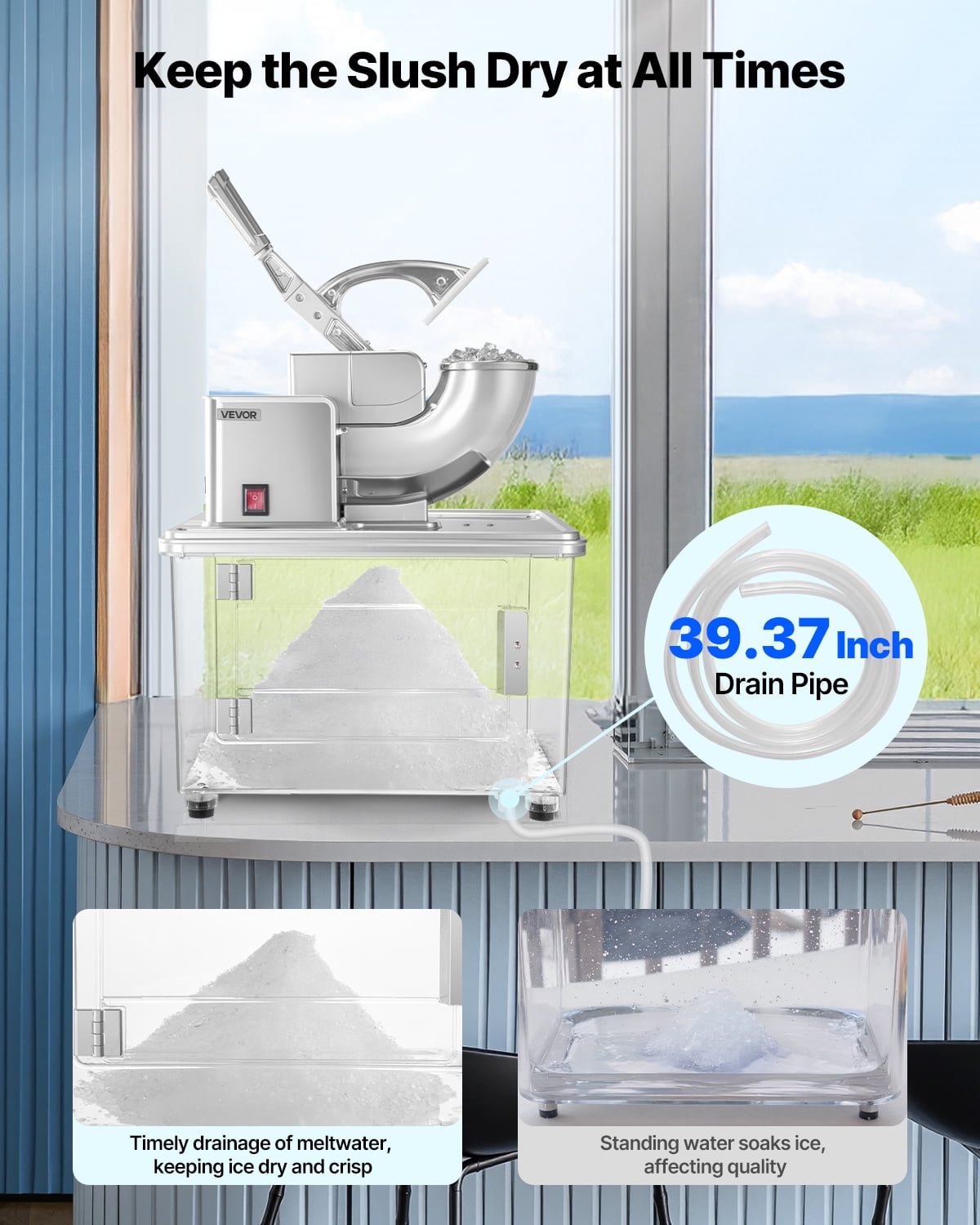 VEVOR Commercial Ice Crusher 661LBS/H, 350W Electric Snow Cone Machine with 4 Blades, 1400RPM Stainless Steel Shaved Ice Machine with 11 Gal Crushed-Ice Box,