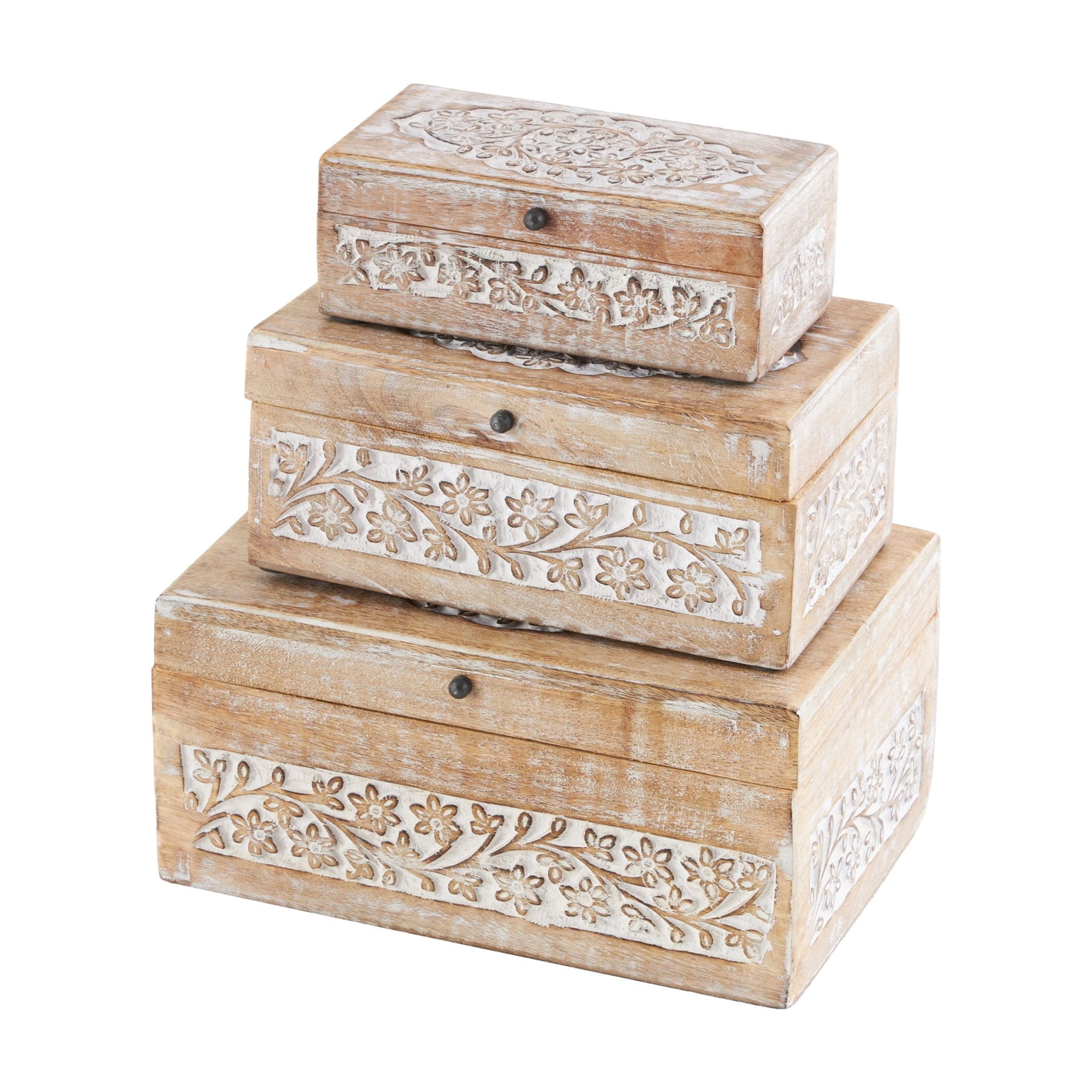 DecMode Floral Cream Mango Wood Decorative Box with Hinged Lid, 3 Count