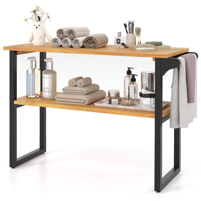 Gymax 2-Tier Bathroom Shelf w/Towel Rack Solid Teak Wood Freestanding Storage Shelves