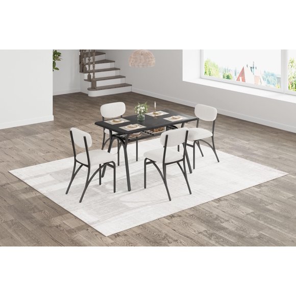 EDTara 5-Piece Modern Dining Set for Apartments, Small Rectangle Table with Storage Shelf & 4 Upholstered Chairs, Ideal for Breakfast Nooks