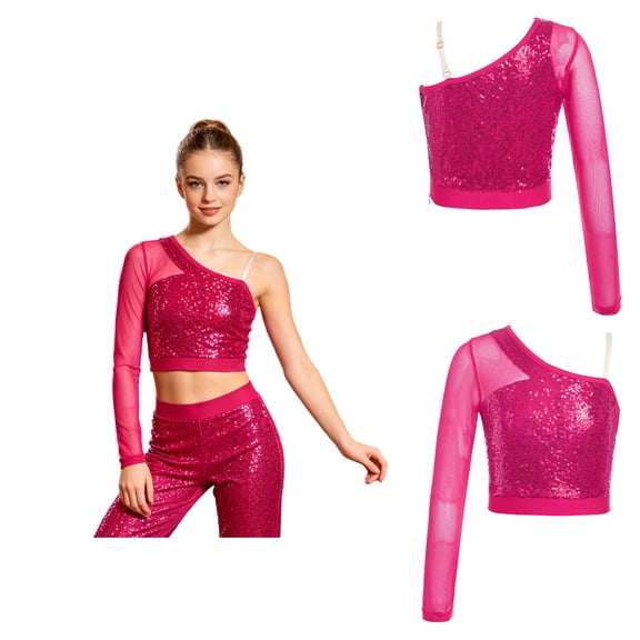 iiniim Girls Sparkle Sequins Ballet Dance Crop Tops Mesh Sleeve One Shoulder T-Shirt Jazz Hip Hop Dancewear Hot Pink 10