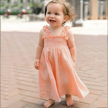 

Huilaibazo Girls Dress Toddler Kids Girls Solid Cotton Linen Sleeveless Beach Straps Dress Ruffles Princess Dresses Clothes