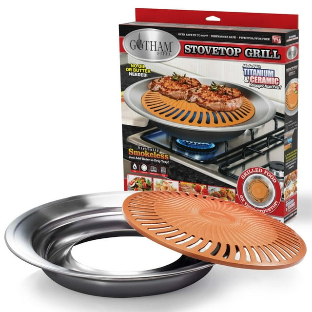 Two-piece Gotham Steel smokeless stovetop indoor grill set featuring a titanium and ceramic nonstick grilling plate and stainless steel drip tray, shown with packaging highlighting no oil needed and virtually smokeless cooking.