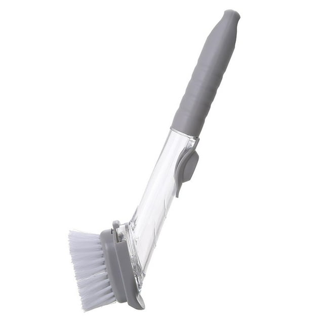 cepillo para lavar platos gloria cepillo de fregar para la cocina cabezal de esponja a++ cepillo con dispensador de jabón integrado, mango ergonómico de silicona gris y cuerpo transparente, cabezal redondo de cerdas de nylon blancas y esponja lateral 10 x 6 cm, longitud total 24 cm; ideal para limpieza de cocina y vajilla, también adecuado para sartenes.
