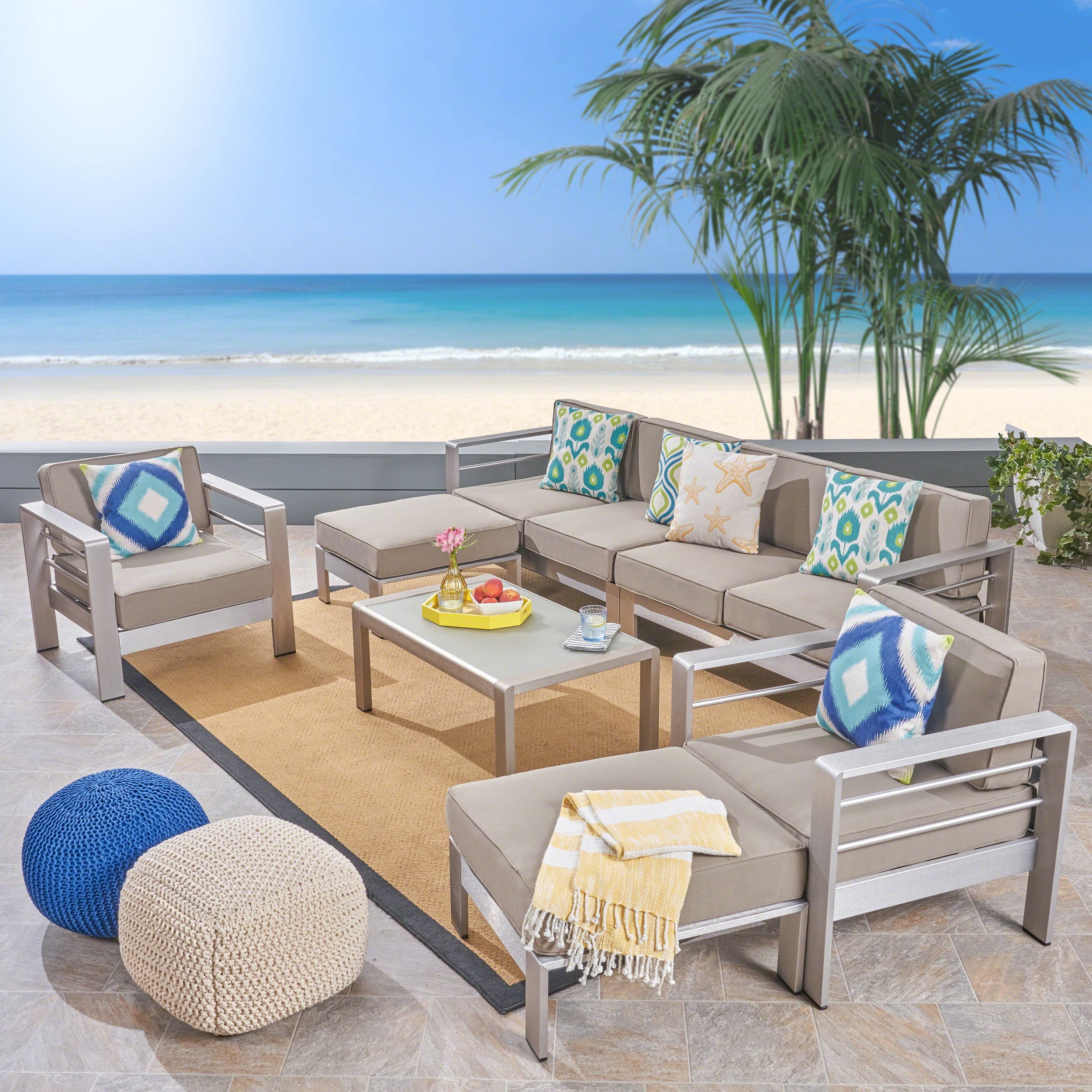 Emily Coral Outdoor Aluminum 6Seater Sectional Sofa Set with Ottomans